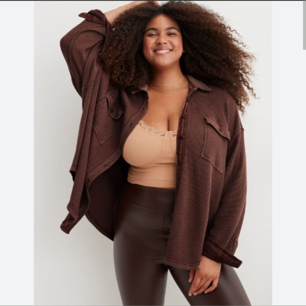 🆕️NWT Aerie LumberJane Waffle Shirt in 'Dark Maple', Size Medium - Picture 3 of 14